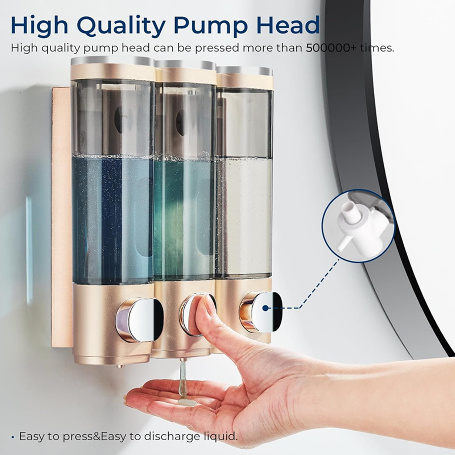 Shampoo and Conditioner Dispenser, Shower Soap Dispenser 3 Chamber No Drill Shampoo Dispenser for Shower Wall Mounted Shampoo Conditioner Body Wash Dispenser for Bathroom, Hotel Gold