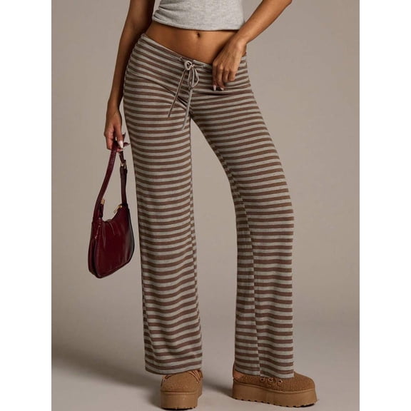 Multicolor Womens Brown Striped Low-Waist Wide-Leg Pants