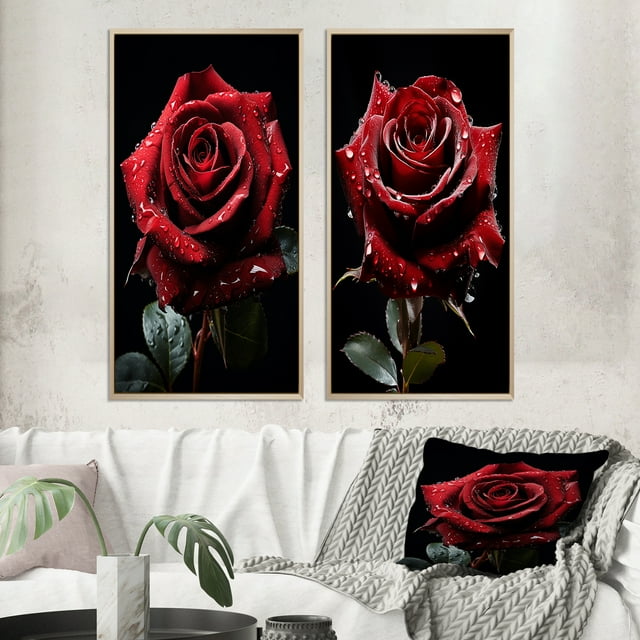 Designart "Red Black Rose gracefulness I" Rose Framed Wall Art Set Of 2 - Red Floral Gallery Wall Frame Set For Home Decor