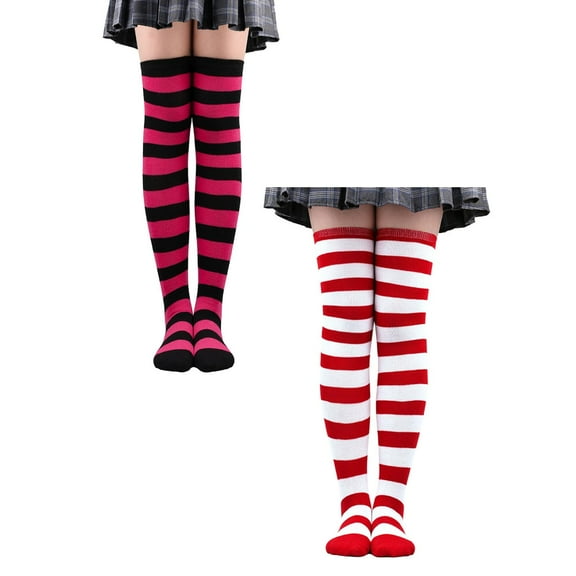 XEGLSBU 2 Pack Christmas Stockings Bulk 19 Inch Womens over Knee High Socks Women Thigh Wide Striped Stockings for Leg Warmer One Size
