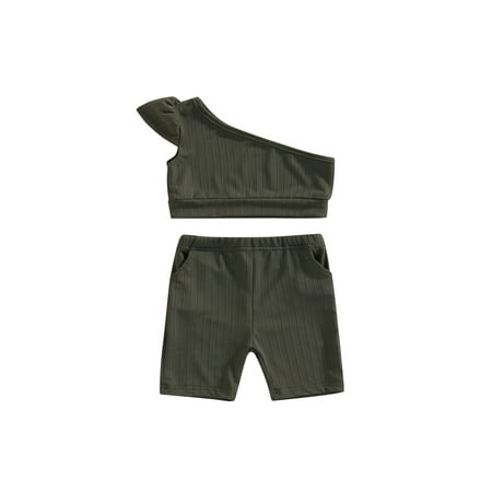

Suanret Toddler Kids Girl One Shoulder Tanks Tops Shorts Set Solid Color Wide Elastic Waist Summer Clothing Green 0-1 Years
