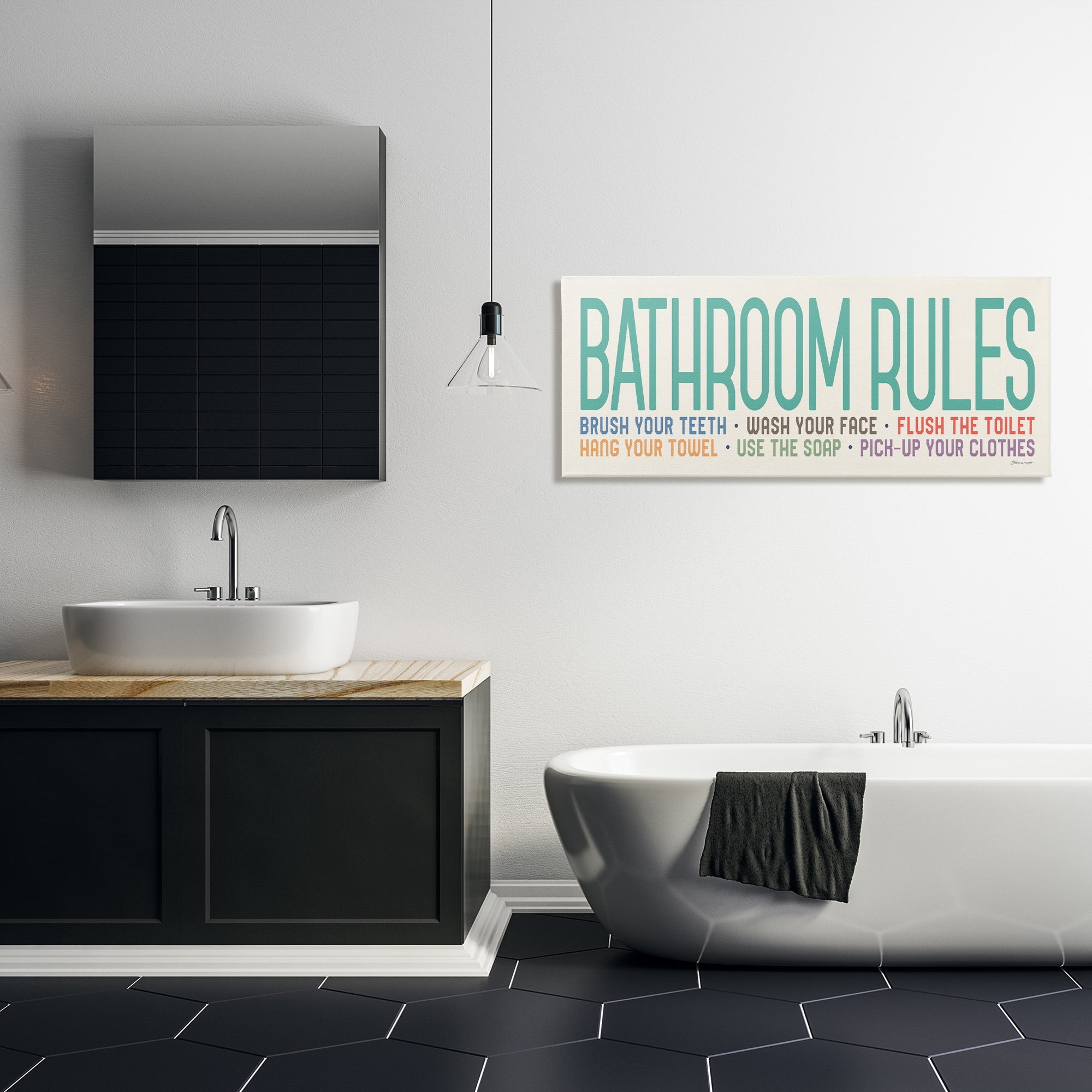 Stupell Industries Bathroom Rules with Teal Text Abstract Painting Gallery Wrapped Canvas Art Print Wall Art, 48 x 20