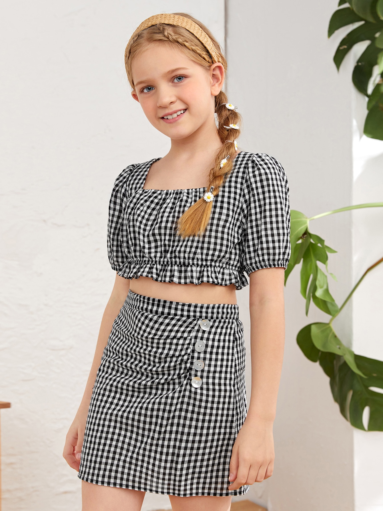 Girls Gingham Puff Sleeve 