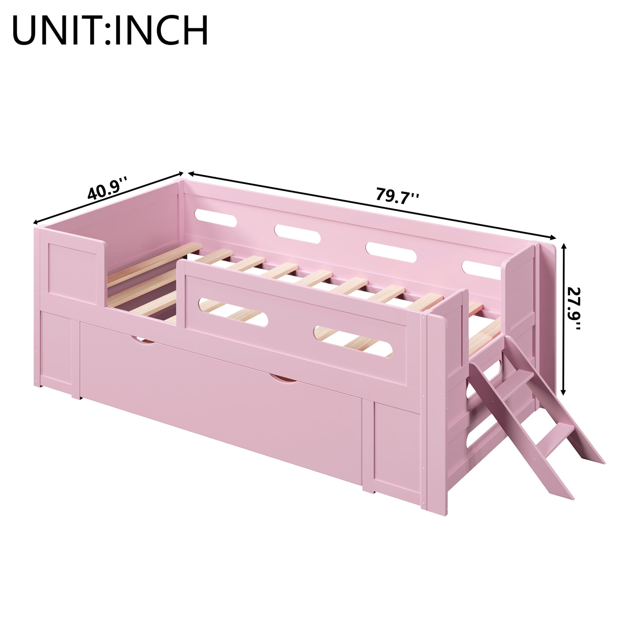 Noble House Genrix Twin Size Pine Wood Platform Bed with Guardrail and Storage Drawer, Kids Bed Frame, Pink