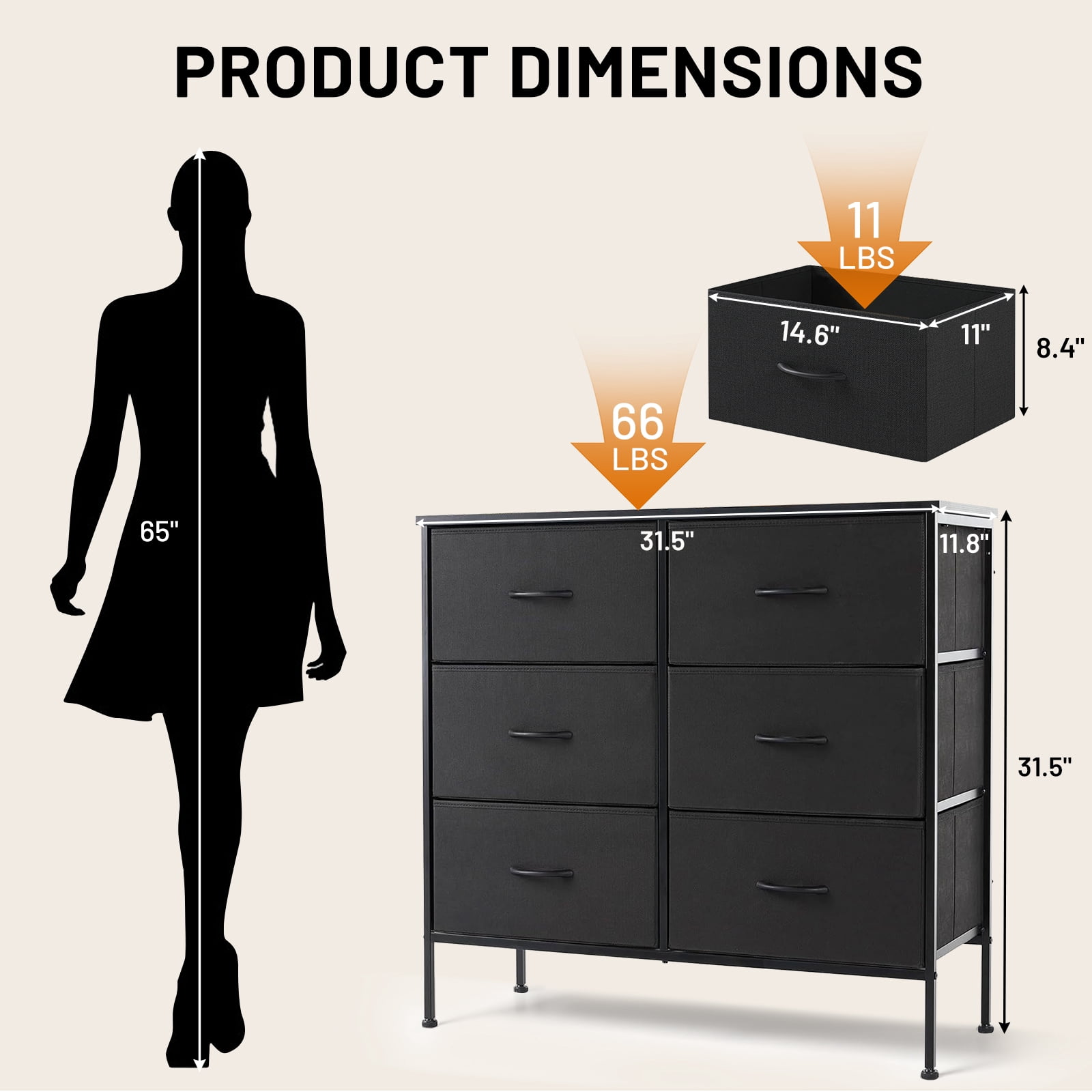 Sybels Storage Dresser with 6 Drawers, Anti-Tip Fabric Chests Organizer Tower Furniturefor Bedroom, Closet, Hallway, Entryway, Black