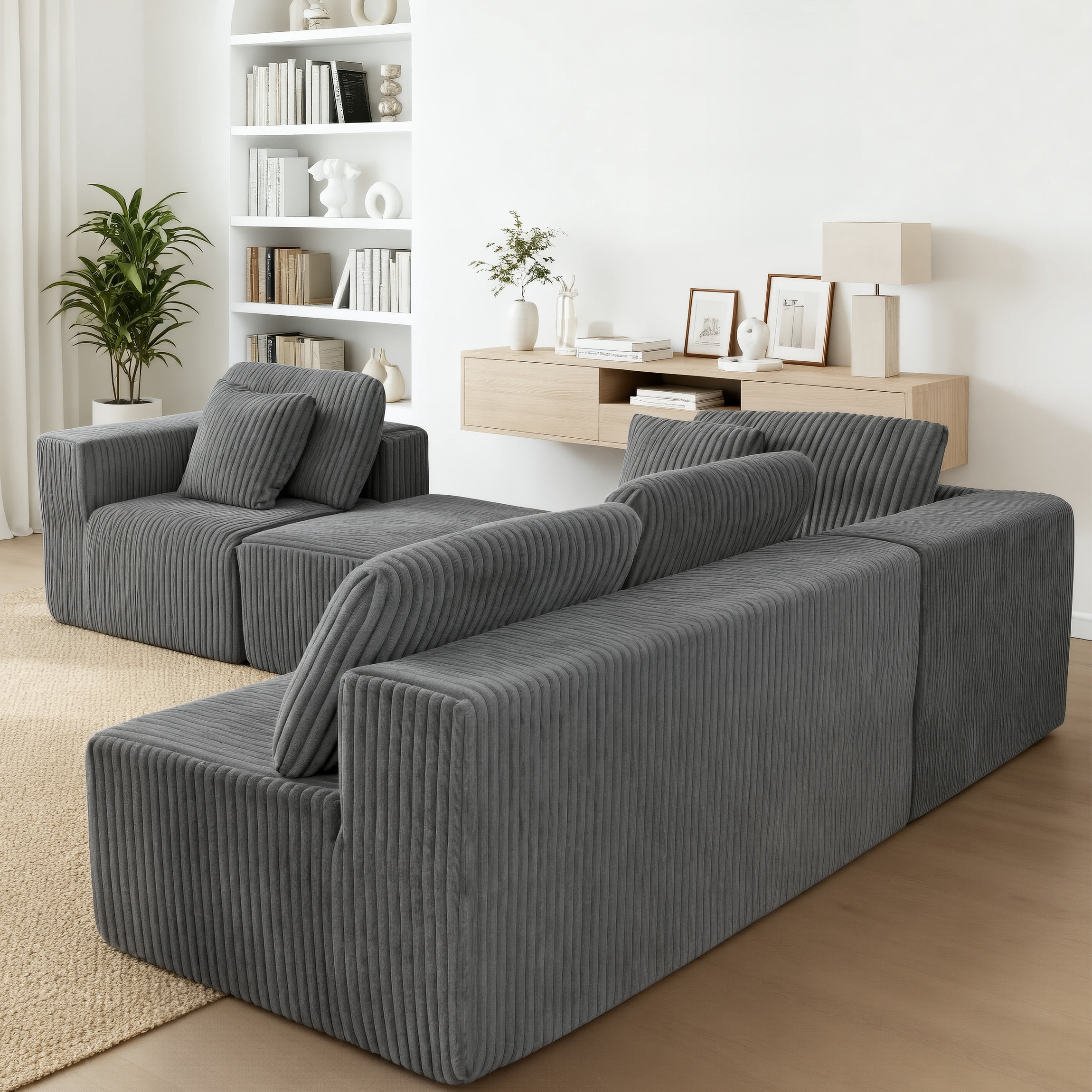 132.58" Boneless Couch, Gray Modern Sectional Couch for Living Room, Modular U-Shaped 4-Seater Chaise Lounge with Reversible Design, Striped Corduroy Fabric, Freely Configurable Layout