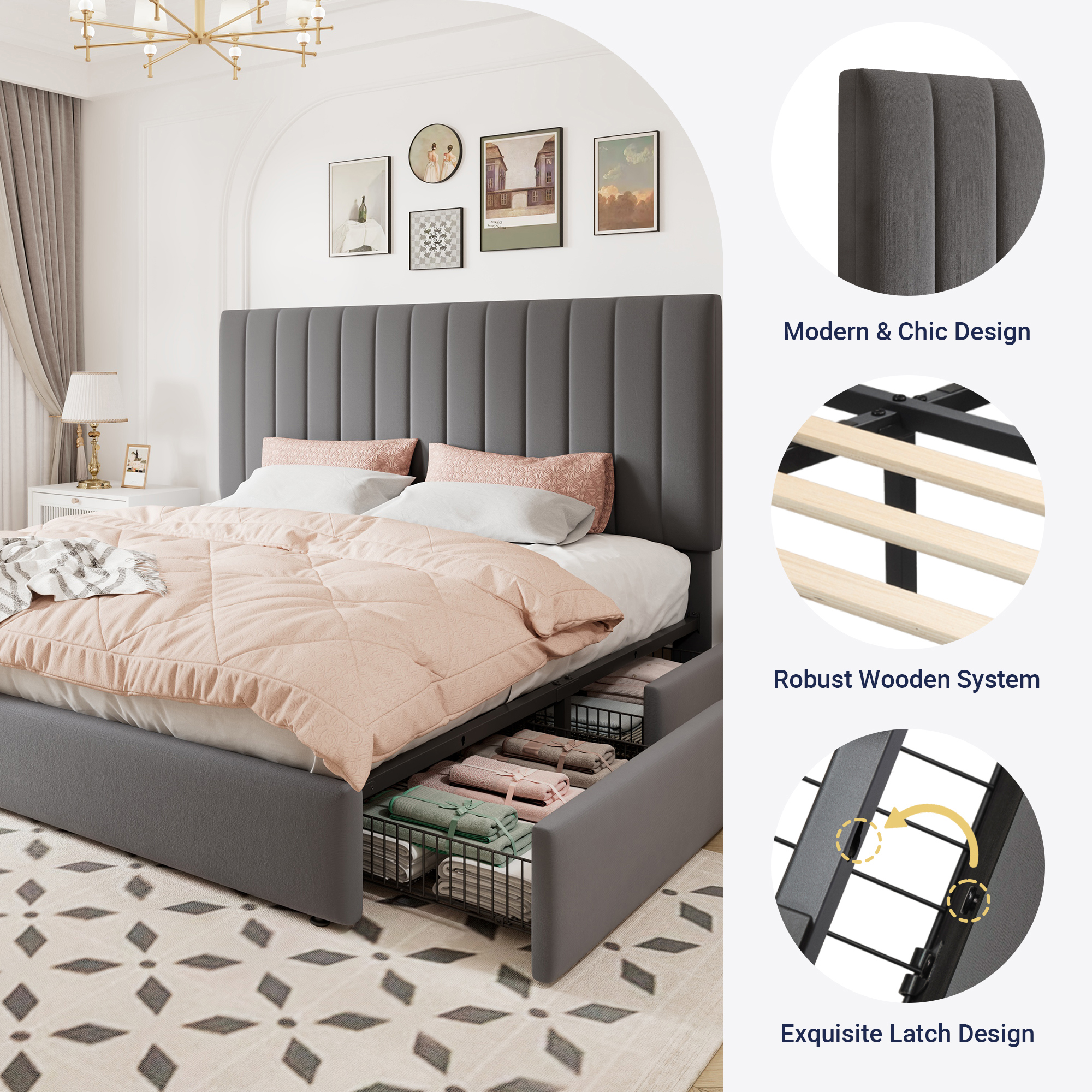 Allewie King Size Storage Bed Frame,Adjustable Headboard, Velvet Upholstered Platform Bed with 4 Oversized Underbed Drawers, Wooden Slats Support, No Box Spring Needed, Grey
