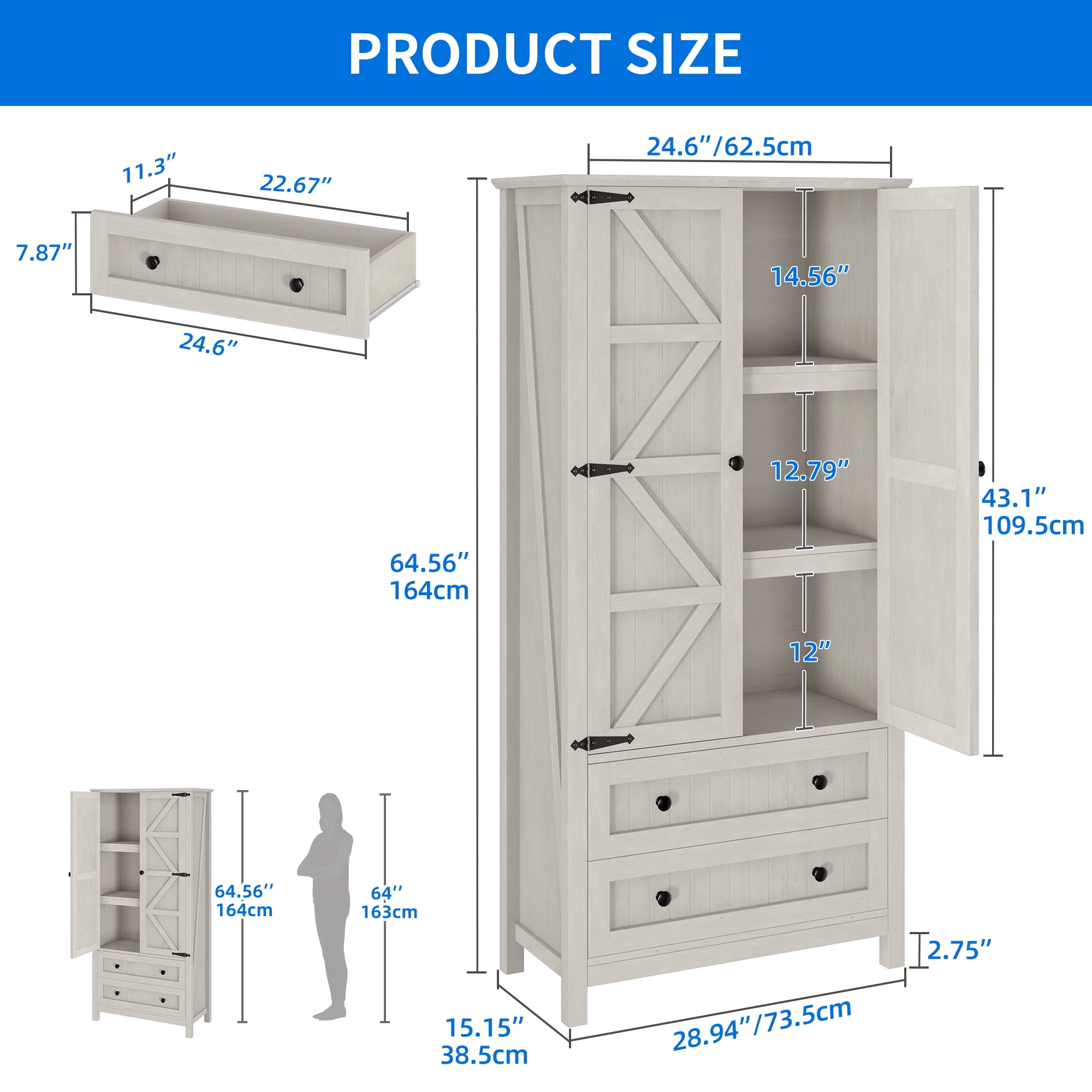 Uforic Farmhouse Kitchen Pantry Storage Cabinet with Doors & Drawers, White