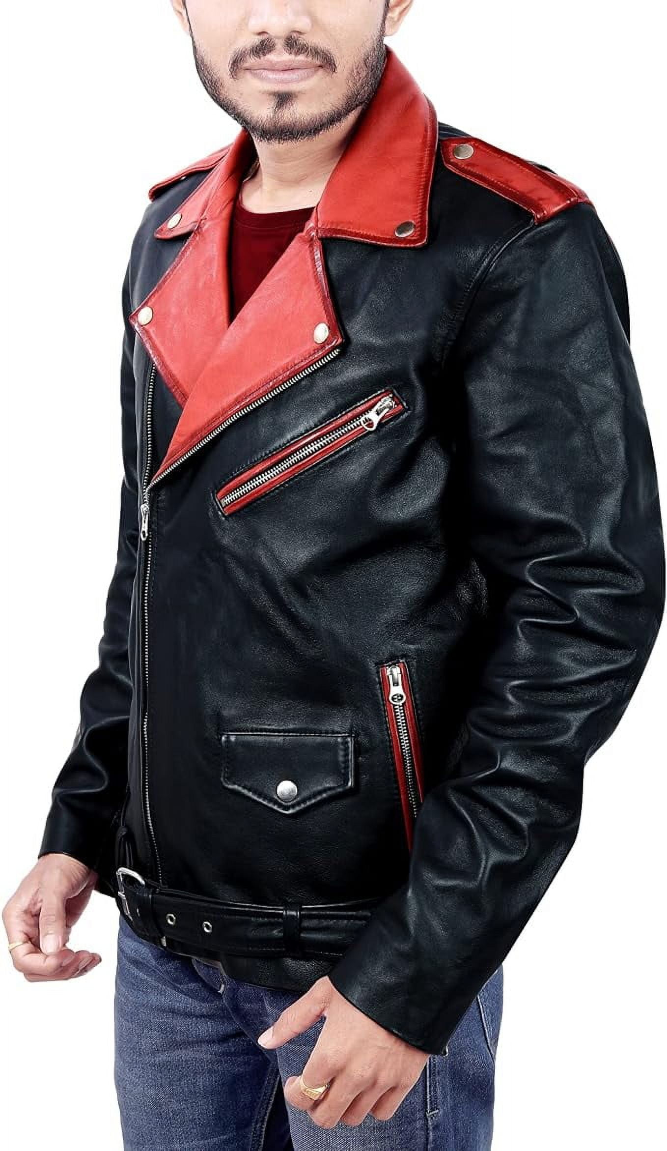 QAWACH Camel Black and Red Color Pure Lambskin Leather Winter Vintage Motorcycle Biker Moto Riding & Racing Jacket For Men XS Size NBMJ-02