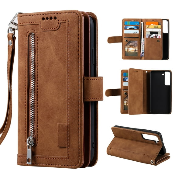 for Samsung Galaxy S21 FE 5G Wallet Case with Wrist Strap,for Women Men,Luxury PU Leather Zipper Pocket Magnetic Clasp Folio Flip Holder ID Credit Card Slots Shockproof Phone Cover,Brown