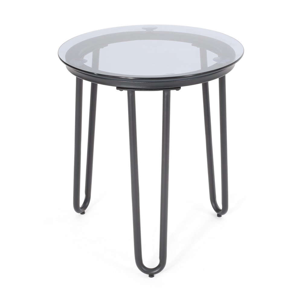 Owenn Modern Outdoor Side Table with Tempered Glass Top, Black