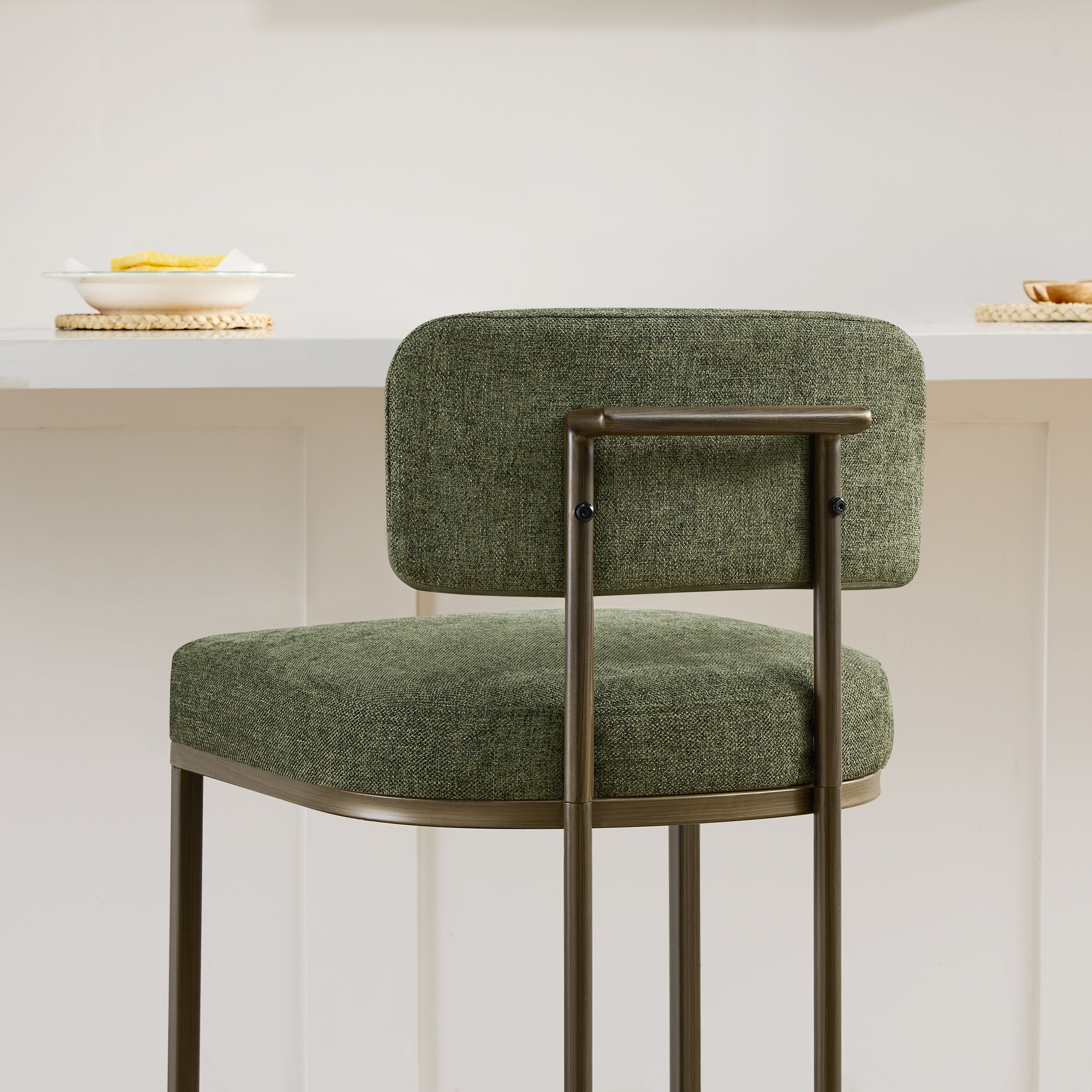 Spruce & Spring Modern 26-Inch Counter Height Bar Stool Set with Brass Frame, Set of 2, Moss Green Fabric