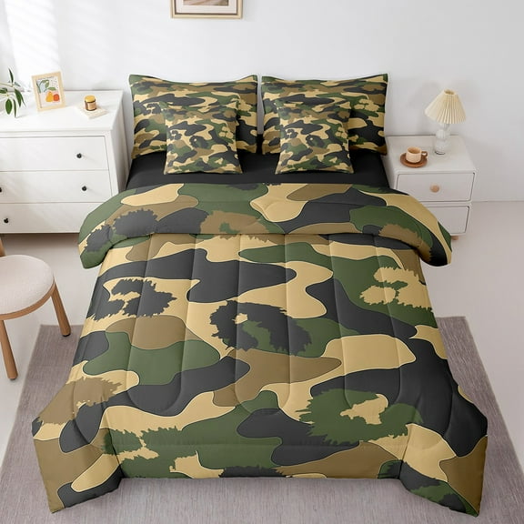 Erosebridal Green Camo Bedding Sets Twin Size,Military Camouflage Comforter Sets with Sheets,Camouflage Decor,Reversible,Breathable,7pcs