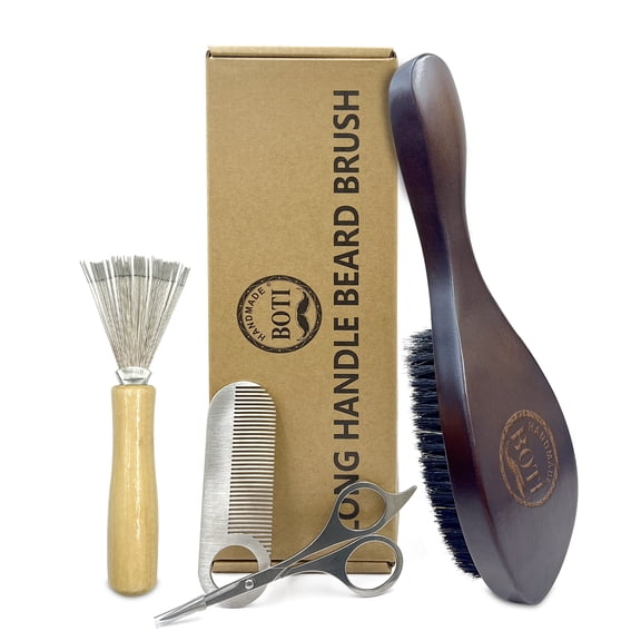BOTI Beard Brush 4-in-1 Set for Men - Natural Boar Bristle Brush & Stainless Steel Beard Comb, Combing Brush   Scissors - Great for Grooming Beards and Mustaches