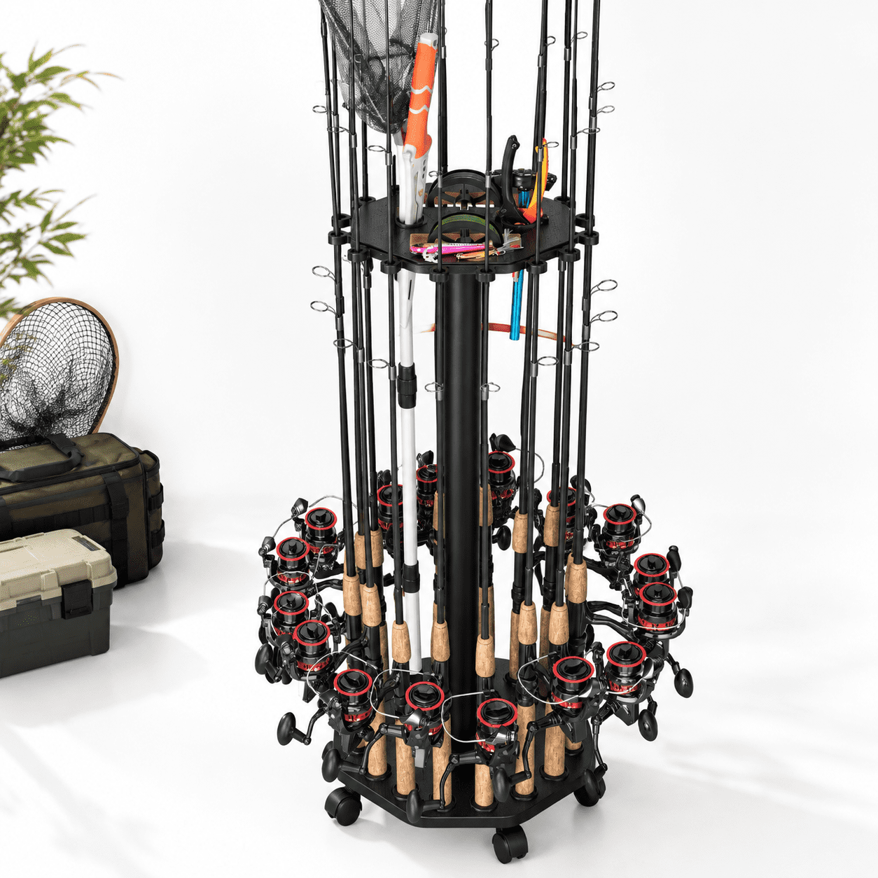 Black 16-Rod Mobile Fishing Rod Rack with Lockable Wheels and Storage Station