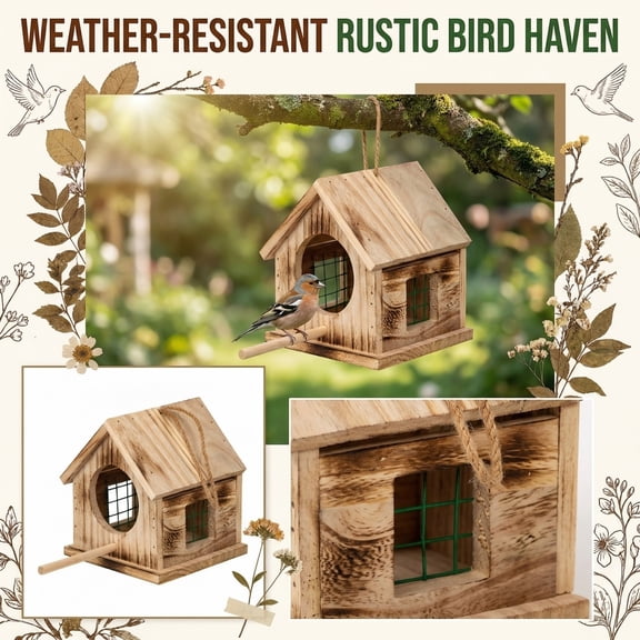 Weatherproof Small Hanging Birdhouse, Outdoor Nesting Box for Wrens, Chickadees, Wooden Bird House, Garden Decoration, Easy Clean(Wooden)