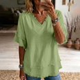 thumbnail image 6 of Women's Bohemian Raw Edge Cotton Linen Blend Short Sleeve Tunic Top Loose Fit Casual Blouse Summer Vacation Outfit Lightweight Everyday Wear Green XL, 6 of 9