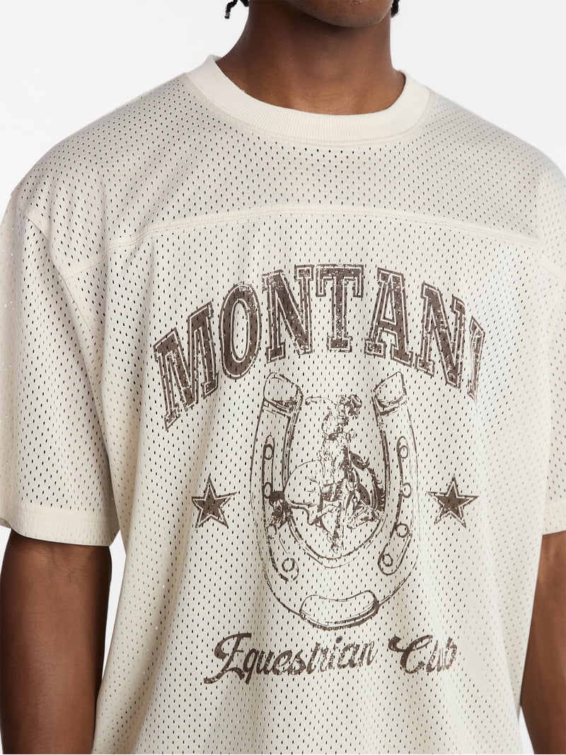 No Boundaries Graphic Boxy Fit Mesh Jersey Style Shirt, Men's XS