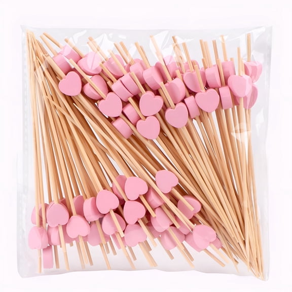 BPPEG 100 Pack Fruit Toothpicks,Heart-Shaped Bamboo Cocktail Picks,Natural Bamboo Toothpicks for Appetizers Fruit Cake Dessert Barbecue Snacks Sandwiches (Pink)