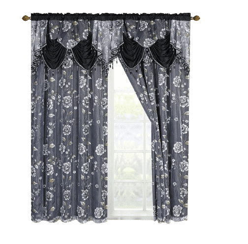 2 Piece Daniela Printed Flowers Luxury Jacquard Attached Valance with Long Crystals Beads and Tassels Window Curtain (54 inches wide x 84 inches long)