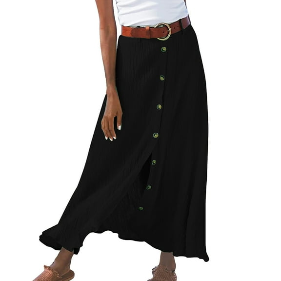 YUEJUIR Ladies Summer Maxi Skirts Solid Cotton and Linen Half Length Slit Hip Midwaist Skirt (Black,S)