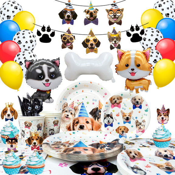 148Pcs Puppy Dog Party Decor & Tableware Set, Including Birthday Banner, Puppy Balloons, Plates, Cups and Tablecloth, All-in-one Supplies for Dog Birthday Party