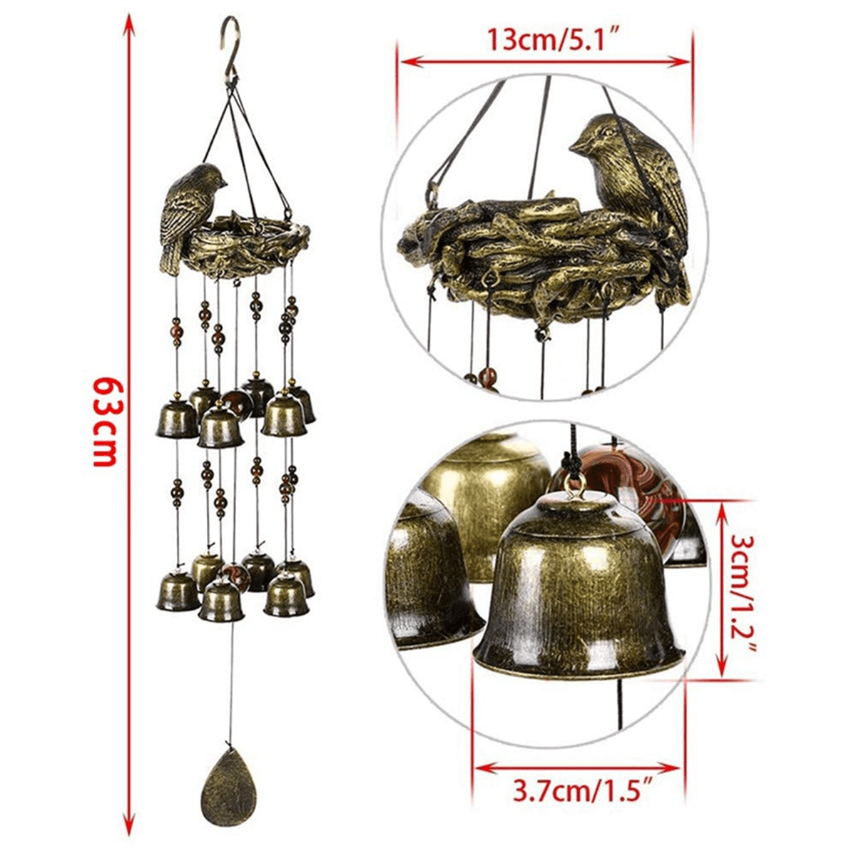 1PCS Bird Nest Wind Chimes, Wind Chime with 12 Pieces Bronze Bells for Garden, Yard, Patio and Home Decor