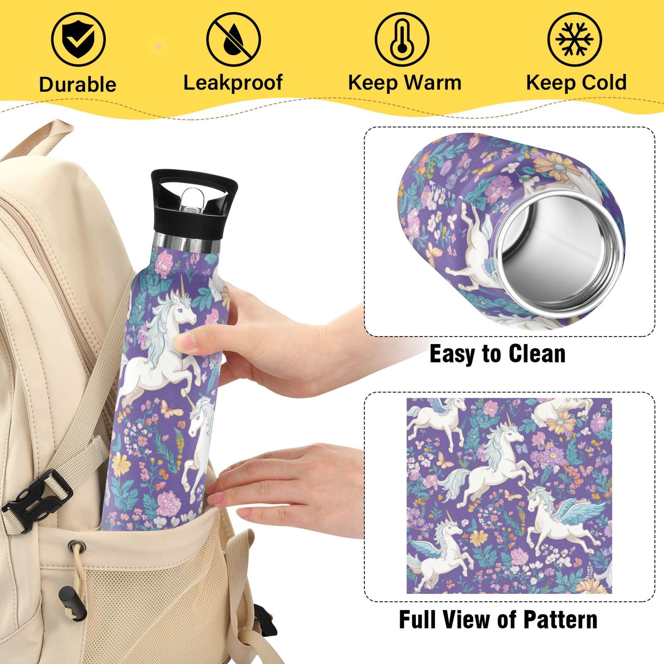 Kids Insulated Stainless Steel Sports Water Bottle 600ml (20oz) Unicorns and Pegasi Pattern