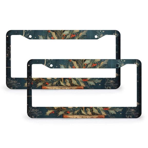 Merry Christmas With Tree And Bird License Plate Frames 2 Pack Vintage Bird Branch Car Accessories for Men/Women 2 Round Holes Stainless Aluminum License Plate Frame