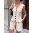 thumbnail image 6 of 2 Piece Sets for Women Spring Fashion Button Vest Tops High Waist Shorts Summer Business Casual Outfits Light Khaki M, 6 of 9