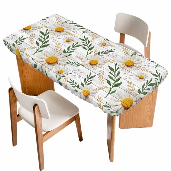 Spring Daisy Table Cloths for 5 Foot Rectangle Tables, Farmhouse Country Flower Leaf Plant Wood Grain Patio Waterproof Elastic Fitted Tablecloths, Washable Rectangular Table Cover for Camping