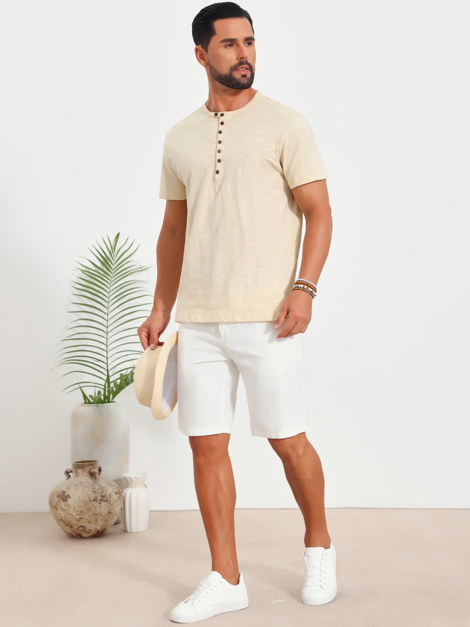 DARING DIVA Men's Retro Henley Texture Button Down Short Sleeve T-Shirt M Beige
