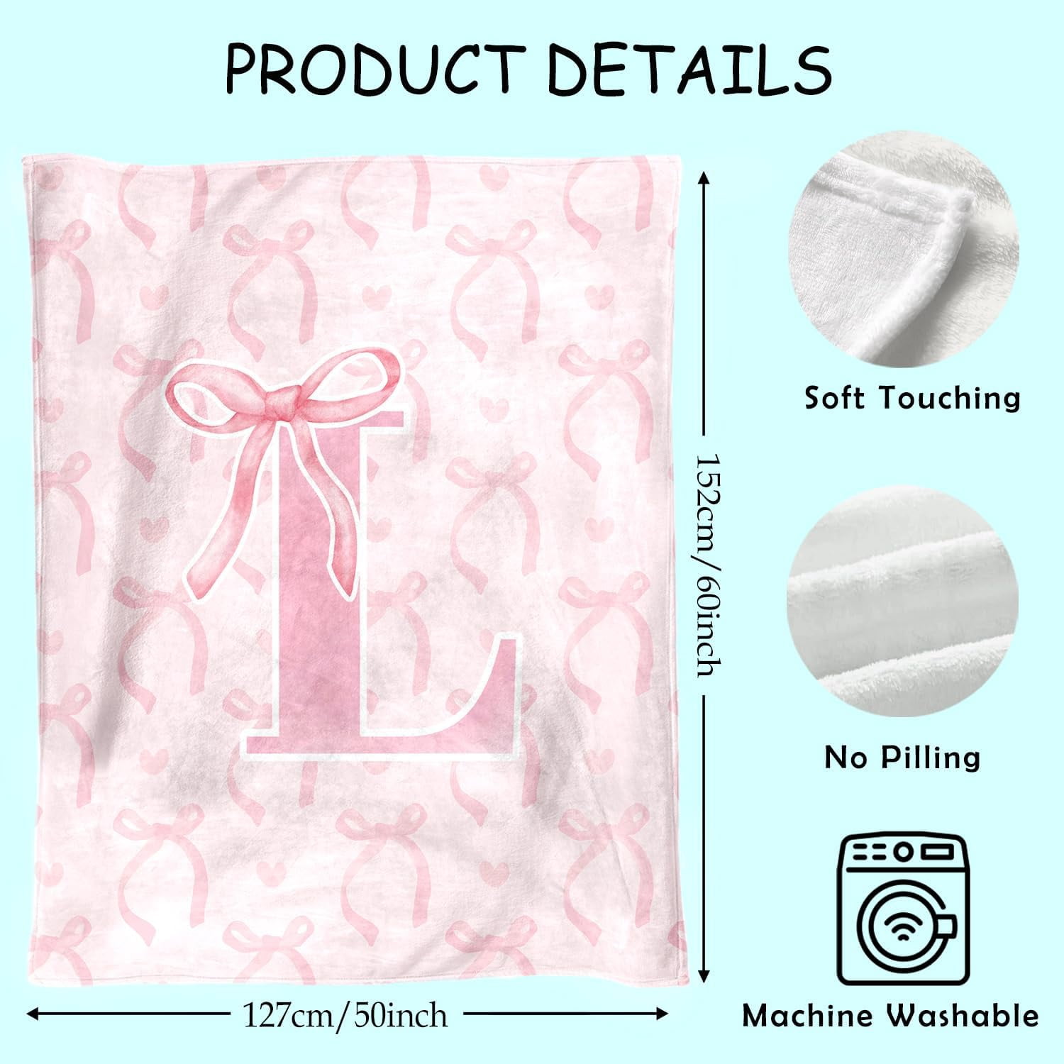 Coquette Pink Bow Blanket,Personalized Initial L Soft Fluffy Cozy Flannel Blanket,Monogrammed Gifts for Daughter Women Teen Women,Customized Blanket for Bedding Bedroom Office,50x60 Inches