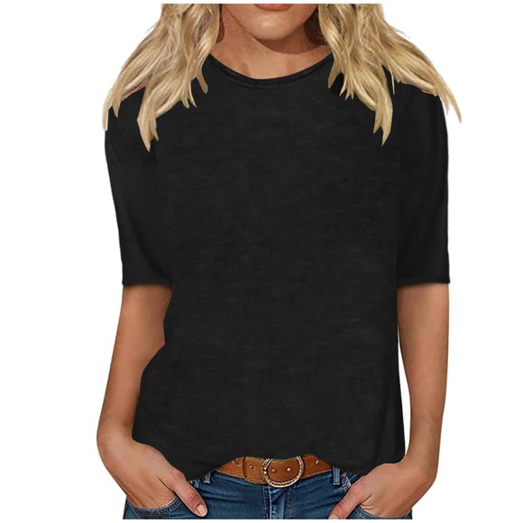 CFLVAEK Elbow Sleeve Womens Tops for Summer Casual Solid Shirt Loose Fitted Basic Crewneck T Shirts