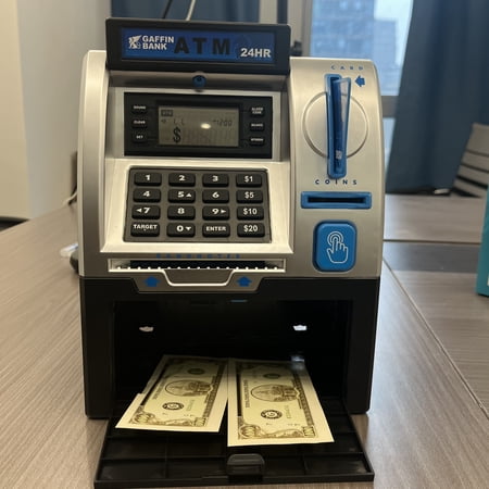 ATM designed electronic savings box - multi-color, digital money safe with simulated debit card, currency and coin recognition, balance calculator and security password lock, savings box