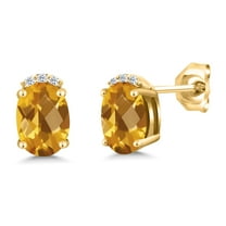 Gem Stone King 18K Yellow Gold Plated Silver Yellow Citrine and White Topaz Stud Earrings for Women (1.52 Cttw, Gemstone November Birthstone, Oval Checkerboard 7X5MM)