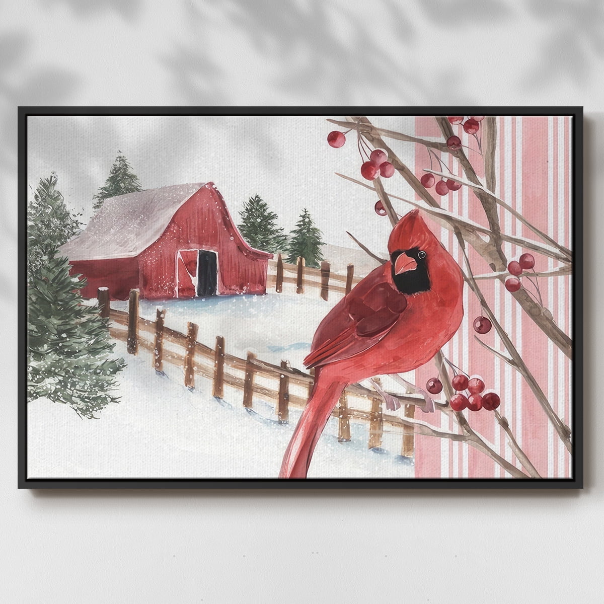 Winter Cardinal Collection A - Framed Gallery Wrapped Holiday Canvas - 27 x 41 - Black Frame