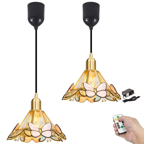 Kiven Battery Operated Pendant Light with Remote Control,Set of 2 Rechargeable Hanging Pendant Light Adjustable Height with Stained Glass Lampsade for Bedroom Kitchen Bar DZ0488