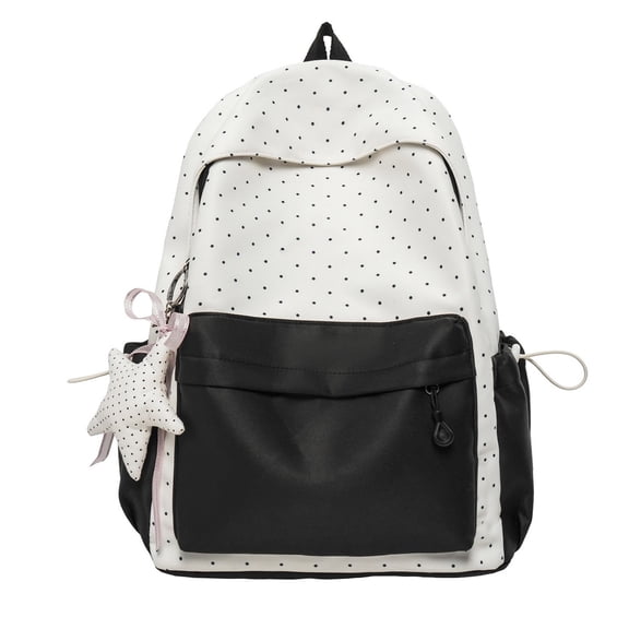Backpack for Girls Daypack with Side Drawstring Pockets Polka Dot Print Cute Bookbag Star Charm School Bag for Elementary Middle School Students Daily Use