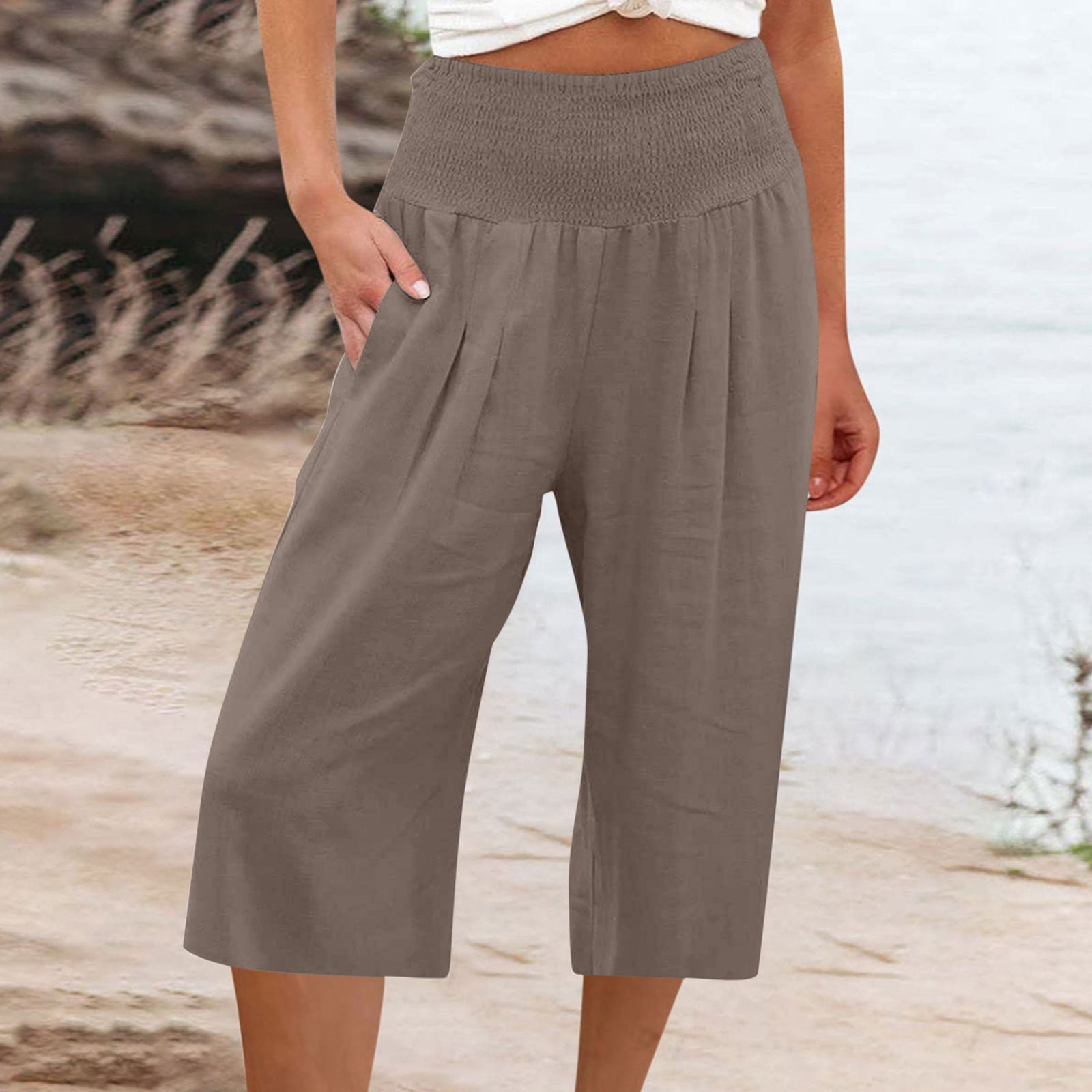 FAKKDUK Capri Pants for Women Casual Summer Smocked Elastic High ...