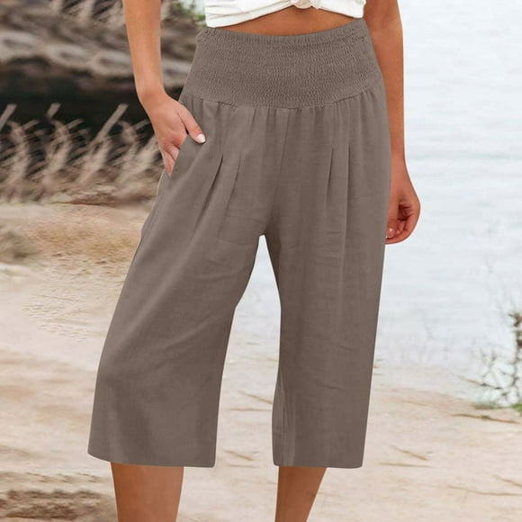 CHGBMOK Women's Plus Size High Waist Cargo Capris, Loose Wide Leg, on Clearance