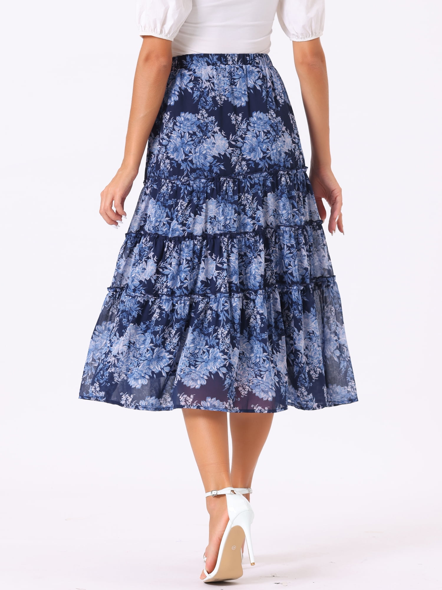 DARING DIVA Women's Chiffon Tiered A-Line Maxi Skirt 2XL Deep Blue