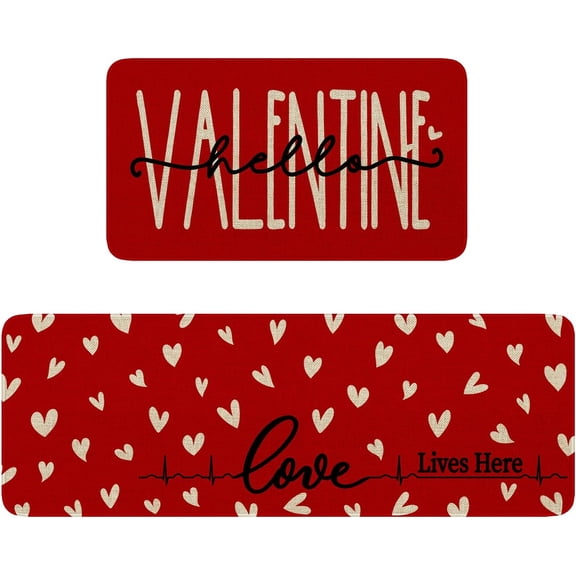 Valentines Day Kitchen Mats Home Decorations, Red Valentine Kitchen Rugs Decor Set of 2, Love Heart Hello Valentine Rug Door Mat