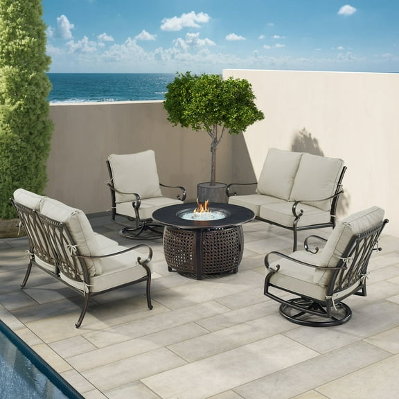 Black Aluminum Fire Table Set with Two Loveseats and Two Club Chairs