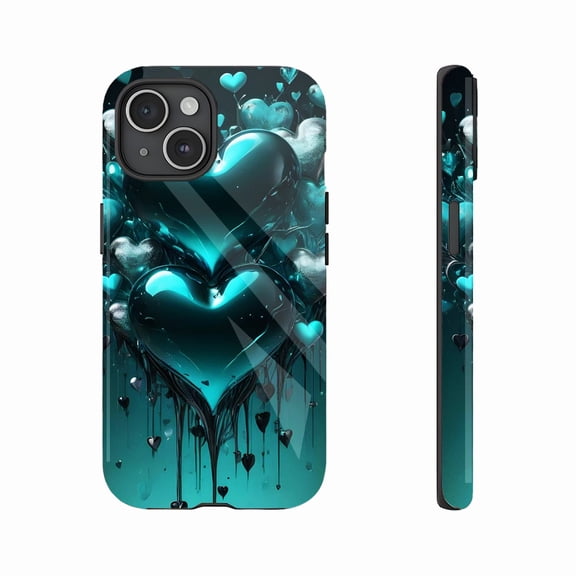 Metallic Blue Green Heart - shaped iPhone Case for Valentine's Day, Glossy 3D Love Design, Compatible with iPhone 11/12/13/14/15/16 (Pro Max/Plus)