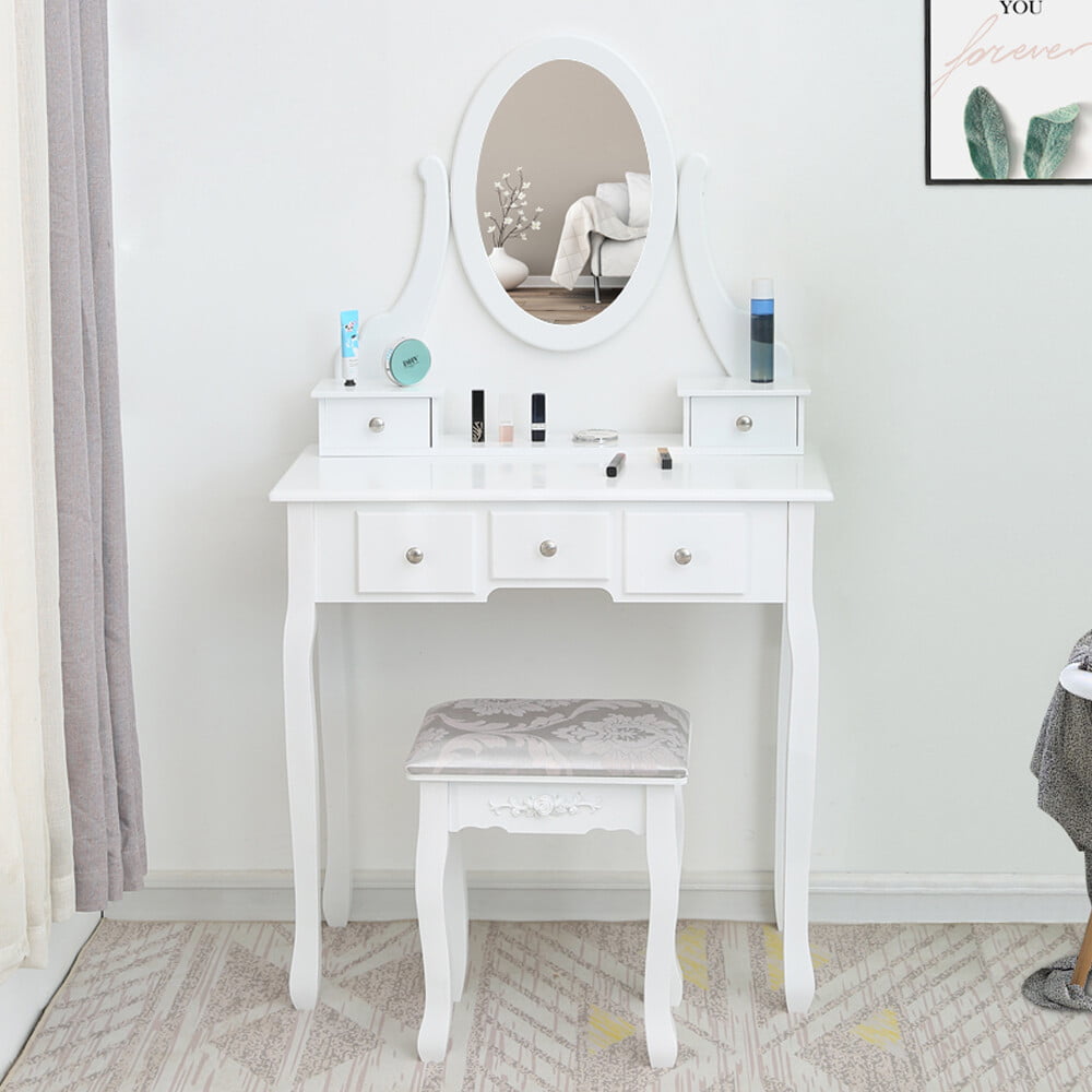 Nishano Dressing Table 4 Drawer Stool Mirror Bedroom Furniture Makeup Desk White 