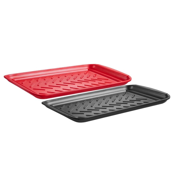 2 Pack Plastic Serving Trays with Handles 17x10.35 Inch Anti Slip Melamine Food Tray for BBQ Kitchen Cafeteria Ottoman Coffee Table Black and Red