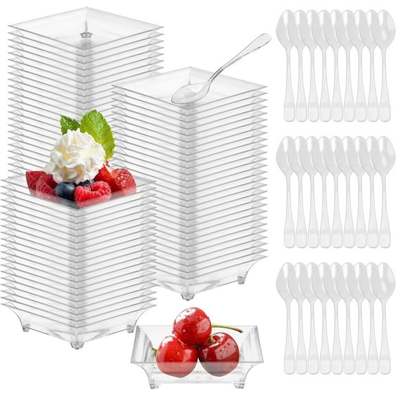 50 Pcs Clear Plastic Dessert Plates,Disposable Plastic Cake Plates,Square Appetizer Bowls,Mini Plastic Square Appetizer Bowls for Dessert,Ice Cream,Fruit,Salad,Cake