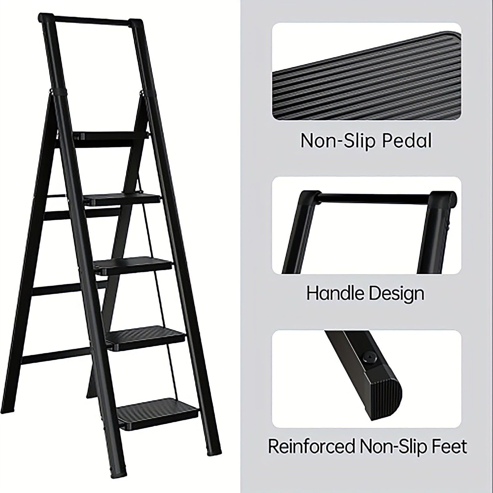 5-Step Foldable Step Ladder Stool with anti slip wide pedals, lightweight and easy to carry handle folding ladder, multi-purpose steel ladder for Kitchen, Household, 330LBS