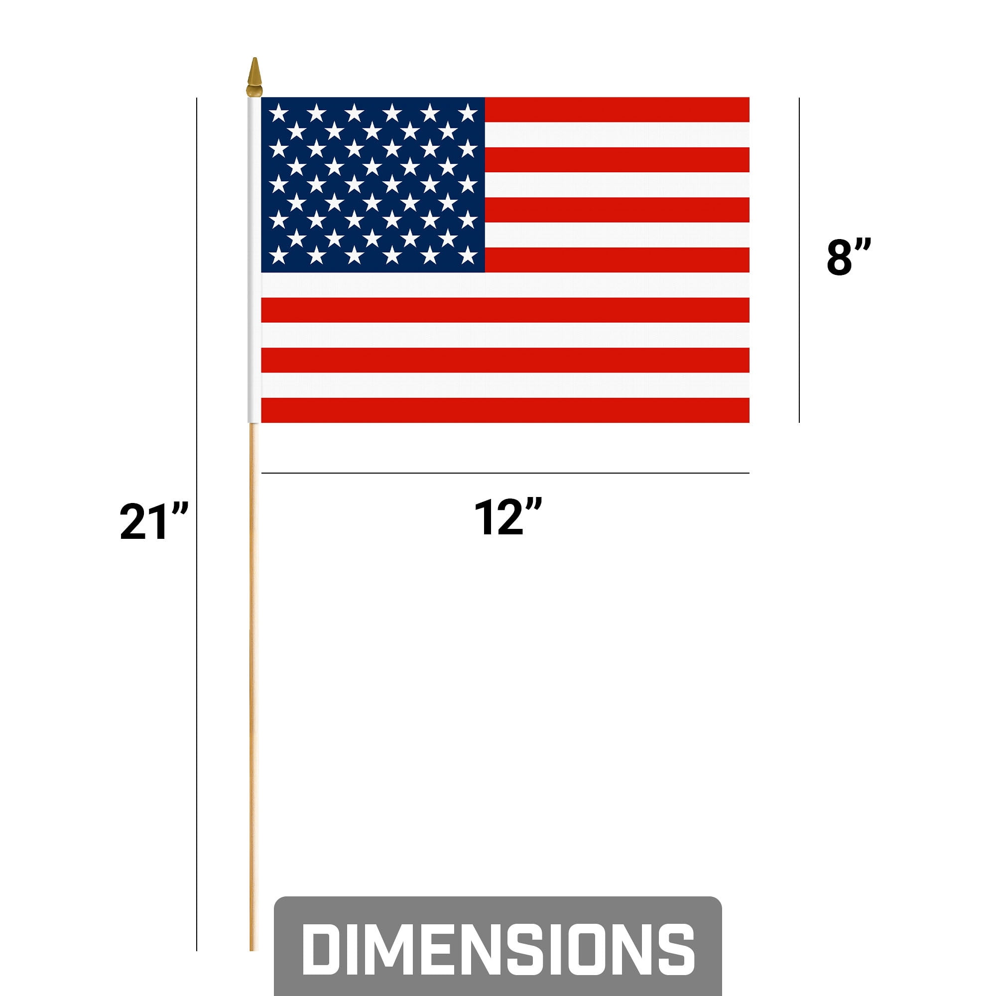 G128 Small Flag on Sticks, 8x12 In, Mini American Handheld Printed 150D Polyesters, 250th Anniversary, 12 Pack